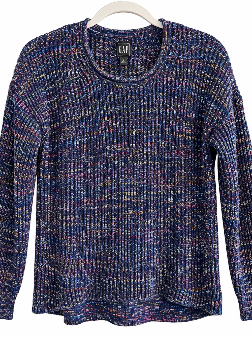 GAP Women’s SM Navy Speckled Crewneck Sweater with Pink & Yellow Accents